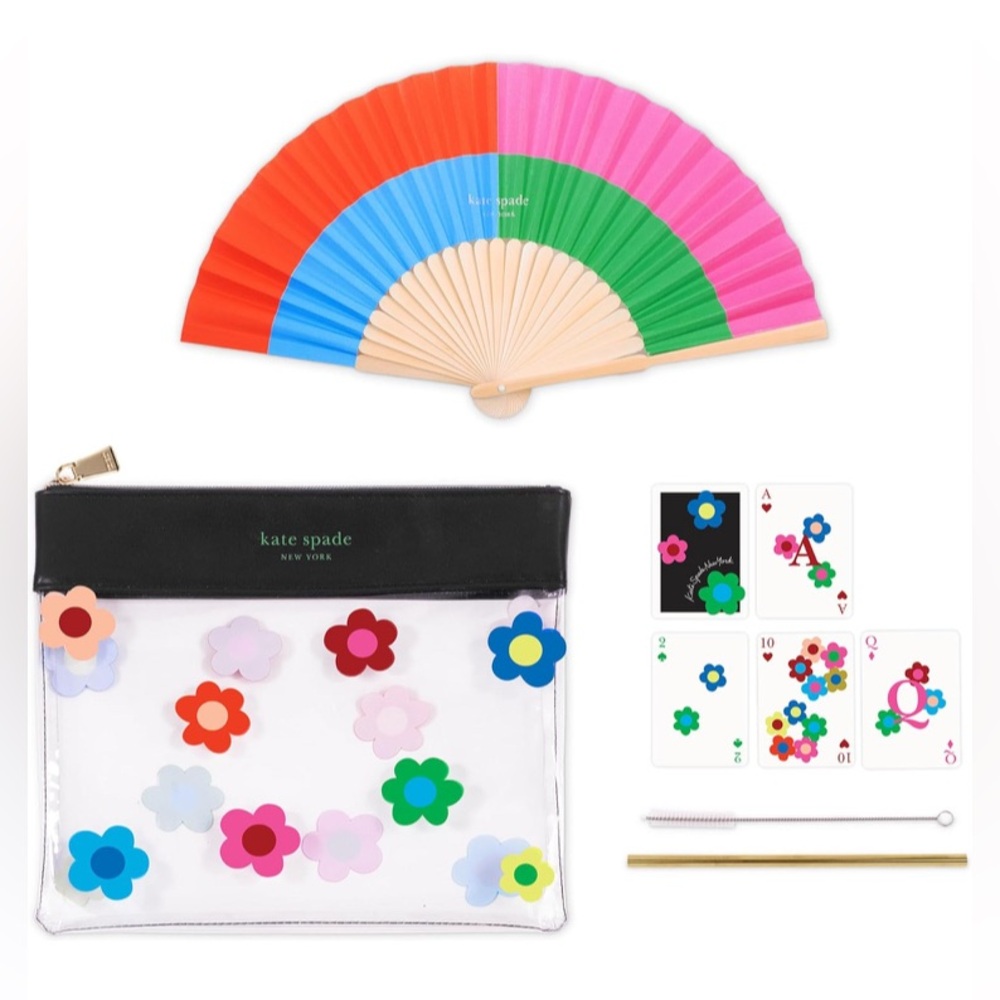 Kate Spade Waterproof Pouch with Playing Cards Paper Fan Straw & Cleaner
